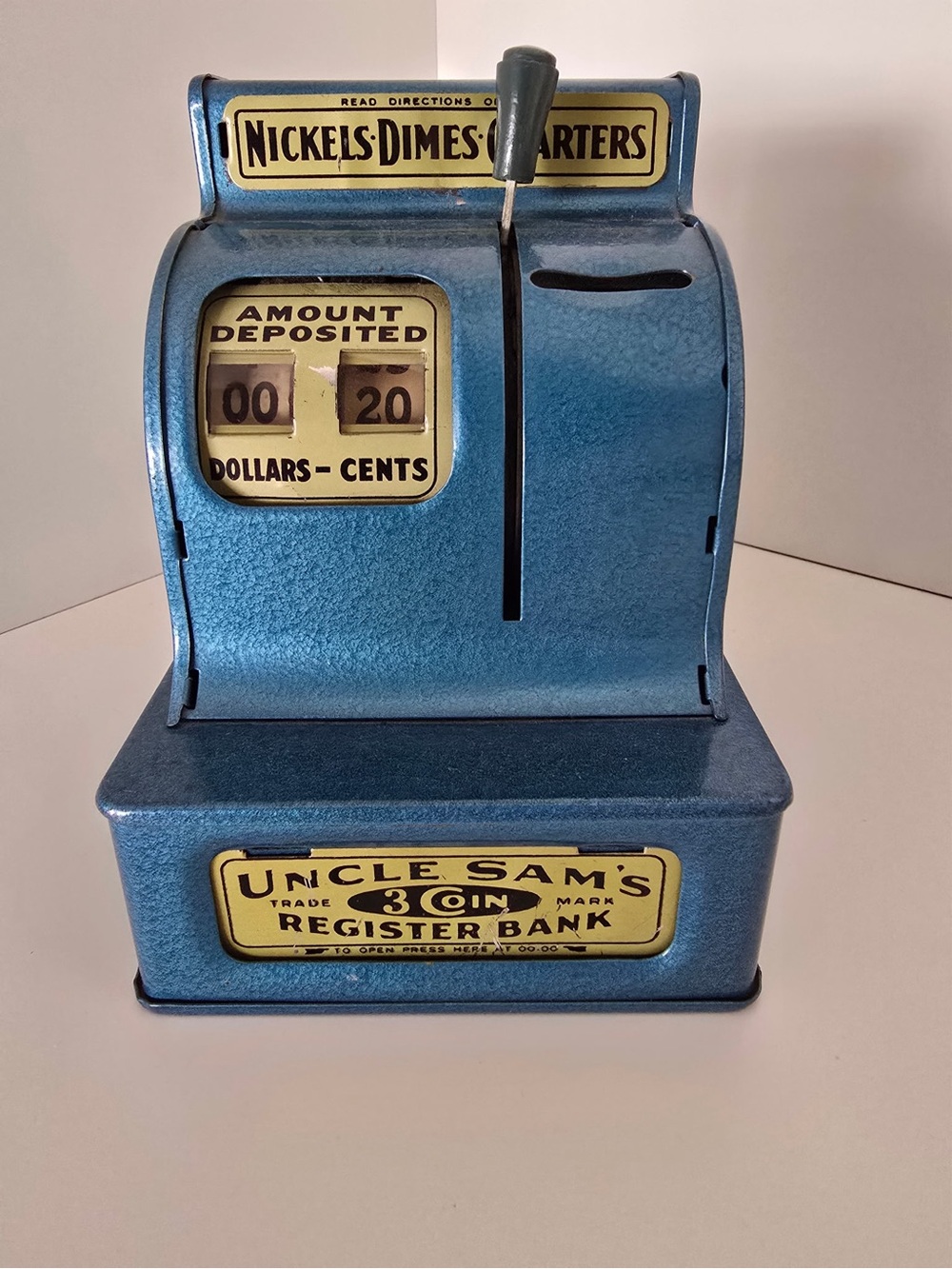 Uncle Sam's Blue Tin Coin Register Bank